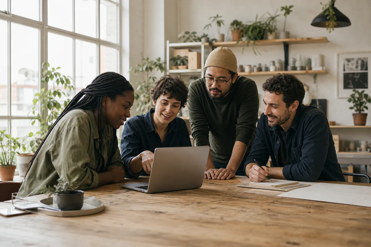 Small business team collaborating around a laptop